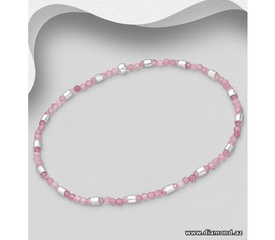 925 Sterling Silver Bracelet, Beaded with Pink Touramline