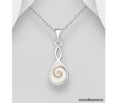 925 Sterling Silver Droplet Swirl Pendant, Decorated with Shiva Shell