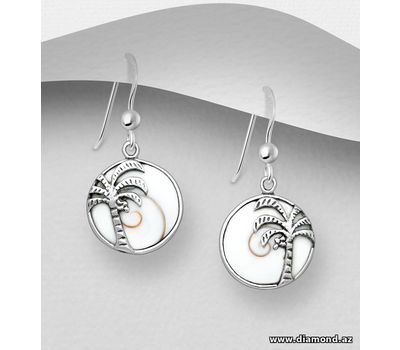 925 Sterling Silver Oxidized Coconut Tree Hook Earrings, Decorated with Shiva Shell
