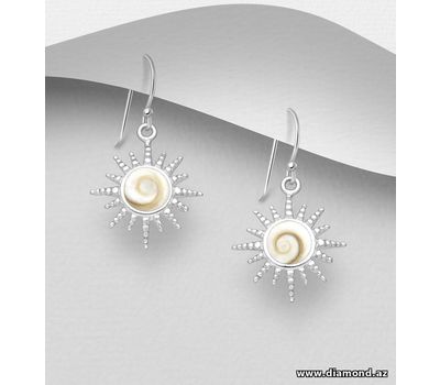 925 Sterling Silver Sun Hook Earrings, Decorated with Shiva Shell