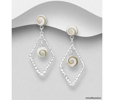 925 Sterling Silver Push-Back Earrings, Decorated with Shiva Shell