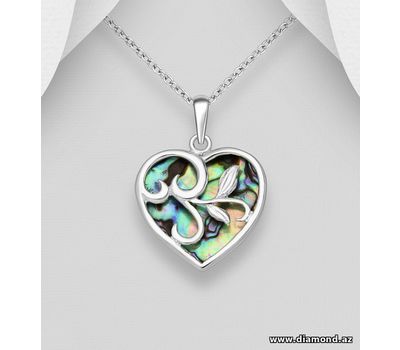 925 Sterling Silver Heart and Leaf Pendant, Decorated with Shell