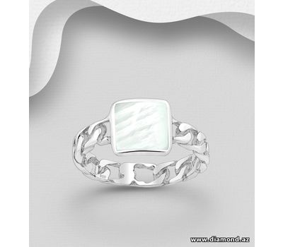 925 Sterling Silver Chain Link Ring, Decorated with Shell