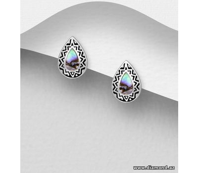925 Sterling Silver Oxidized Droplet Shape Push-Back Earrings, Decorated with Shell