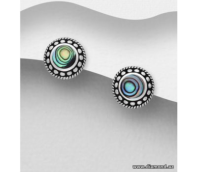 925 Sterling Silver Oxidized Push-Back Earring, Decorated with Shell