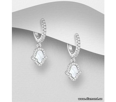 925 Sterling Silver Hamsa Hoop Earrings, Decorated with CZ Simulated Diamond and Shell