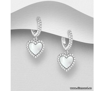 925 Sterling Silver Heart Hoop Earrings, Decorated with CZ Simulated Diamond and Shell