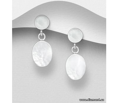 925 Sterling Silver Circle and Oval Push-Back Earrings, Decorated with Shell