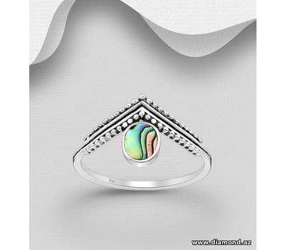 925 Sterling Silver Oxidized Chevron Ring, Decorated with Shell