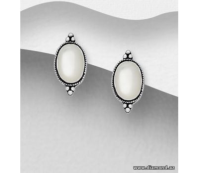 925 Sterling Silver Oxidized Push-Back Earrings, Decorated with Shell