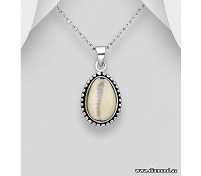925 Sterling Silver Oxidized Oval Pendant, Decorated with Shell