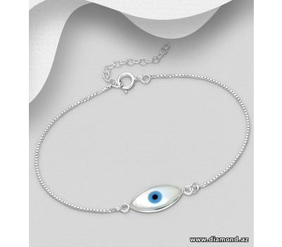 925 Sterling Silver Evil Eye Bracelet, Decorated with Shell and Colored Enamel