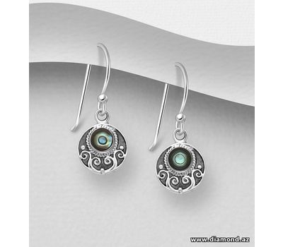 925 Sterling Silver Oxidized Swirl Hook Earrings, Decorated with Shell