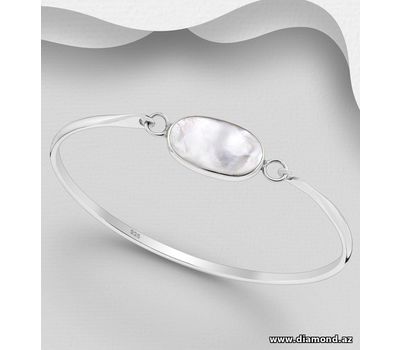 925 Sterling Silver Oval Bangle, Decorated with Shell