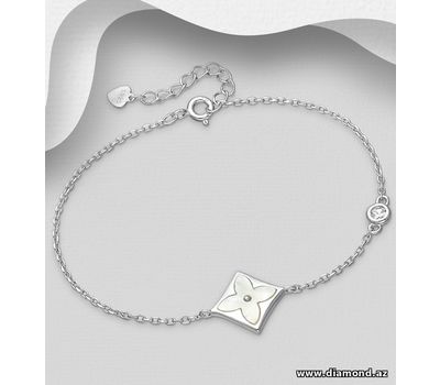 Şəkli böyütmək üçün tiklayın 925 Sterling Silver Flower Bracelet, Decorated with Shell and CZ Simulated Diamond