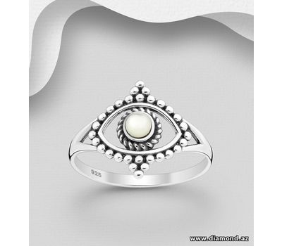 925 Sterling Silver Oxidized Eye Ring, Decorated with Shell