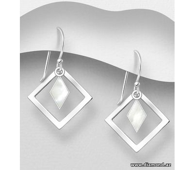 925 Sterling Silver Rhombus Hook Earrings, Decorated with Shell