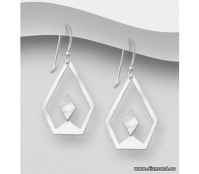 925 Sterling Silver Abstract Rhombus Hook Earrings, Decorated with Shell