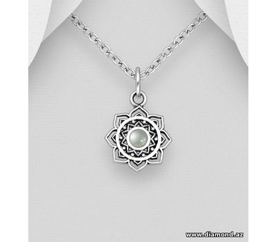 925 Sterling Silver Oxidized Lotus Pendant, Decorated with Shell