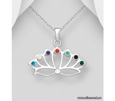 925 Sterling Silver Lotus Pendant, Decorated with Reconstructed Stone, Resin and Shell