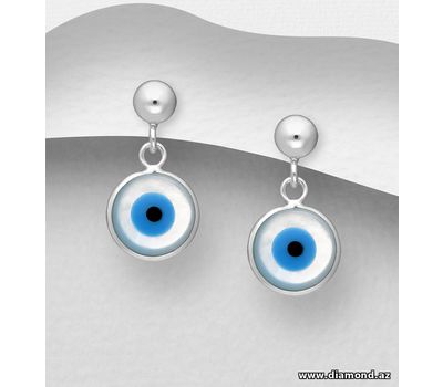 925 Sterling Silver Ball and Evil Eye Push-Back Earrings, Decorated with Shell and Colored Enamel
