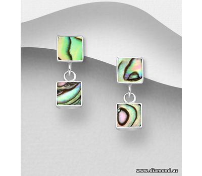 925 Sterling Silver Square Push-Back Earrings, Decorated with Shell