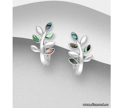 925 Sterling Silver Leaf Omega Lock Earrings, Decorated with Shell