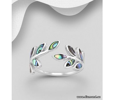 925 Sterling Silver Leaf Adjustable Ring, Decorated with Shell