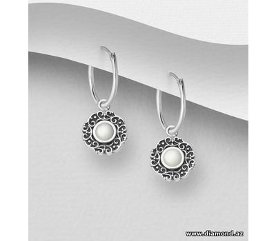 925 Sterling Silver Oxidized Hoop Earrings, Decorated with Shell