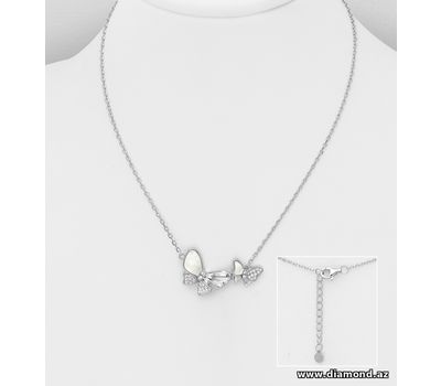 925 Sterling Silver Butterfly Necklace, Decorated with CZ Simulated Diamonds and Shell
