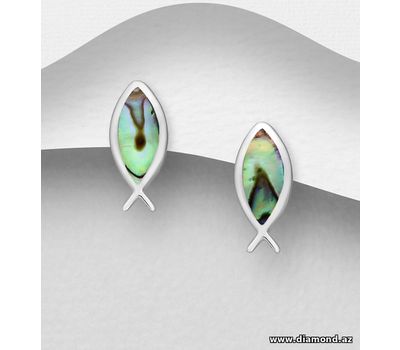 925 Sterling Silver Fish Symbol Push-Back Earrings, Decorated with Shell