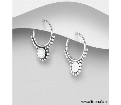 925 Sterling Silver Oxidized Hoop Earrings, Decorated with Shell