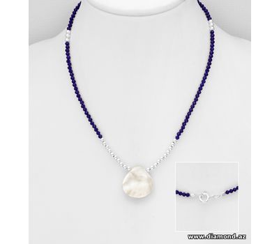 925 Sterling Silver Ball Bead Necklace, Beaded with Shell and Crystal Glass