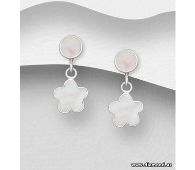 925 Sterling Silver Circle and Flower Earrings, Decorated with Shell