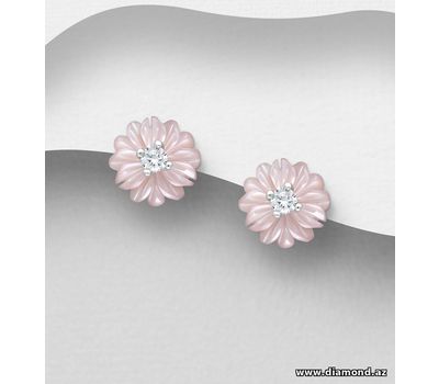 925 Sterling Silver Flower Push-Back Earrings, Decorated with CZ Simulated Diamonds and Shell