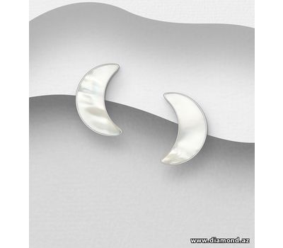 925 Sterling Silver Crescent Moon Push-Back Earrings, Decorated with Shell