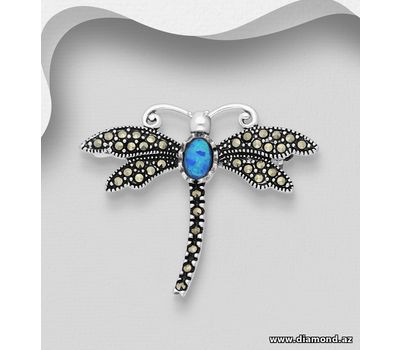 925 Sterling Silver Dragonfly Brooch, Decorated with Lab-Created Opal and Marcasite
