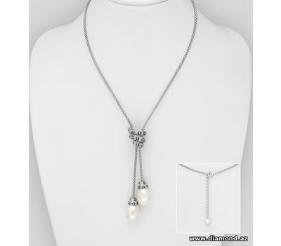 925 Sterling Silver Necklace, Decorated with FreshWater Pearls and Marcasite