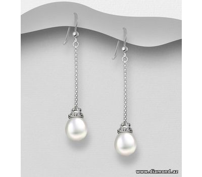 925 Sterling Silver Hook Earrings, Decorated with FreshWater Pearls and Marcasite