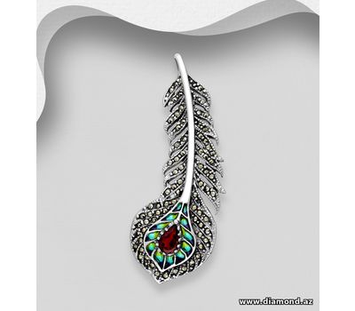 925 Sterling Silver Peacock Feather Brooch and Pendant, Decorated with Colored Enamel, Gemstones and Marcasite