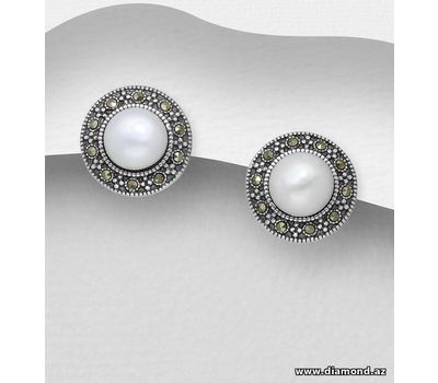 925 Sterling Silver Push-Back Earrings, Decorated with Freshwater Pearls and Marcasite