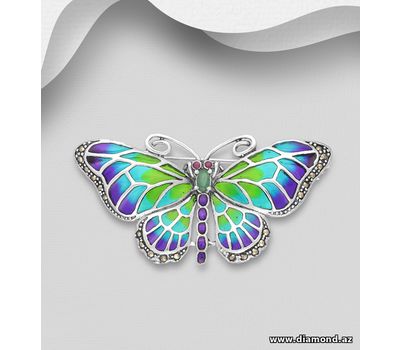 925 Sterling Silver Butterfly Brooch, Decorated with Colored Enamel, Gemstones and Marcasite