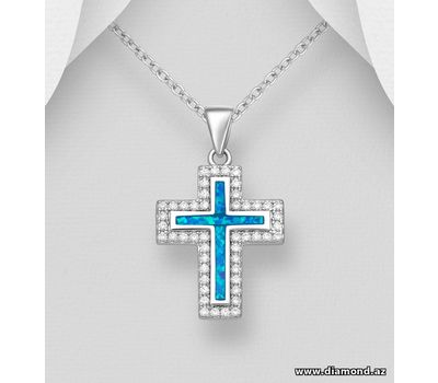 925 Sterling Silver Cross Pendant, Decorated with Lab-Created Opal and CZ Simulated Diamonds