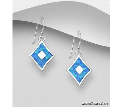 925 Sterling Silver Rhombus Hook Earrings, Decorated with Lab-Created Opal