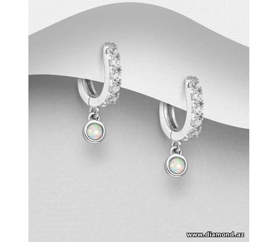 925 Sterling Silver Hoop Earrings, Decorated with CZ Simulated Diamonds and Lab-Created Opal