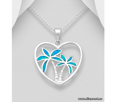 925 Sterling Silver Coconut Tree Pendant Decorated With Lab-Created Opal