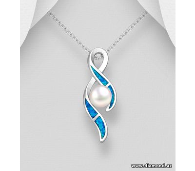 925 Sterling Silver Pendant, Decorated with Freshwater Pearl and Lab-Created Opal