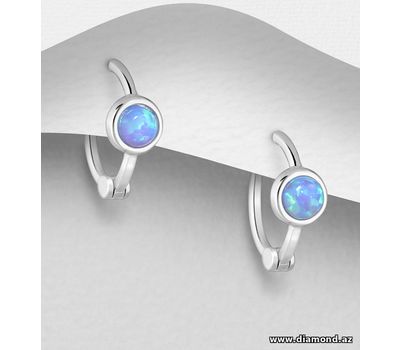 925 Sterling Silver Hoop Earrings, Decorated with Lab-Created Opal