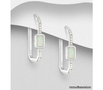 925 Sterling Silver Rectangle Hoop Earrings, Decorated with Lab-Created Opal and Simulated Pearls