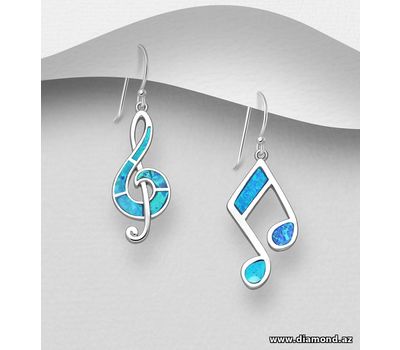 925 Sterling Silver Music Notes Hook Earrings, Decorated with Lab-Created Opal